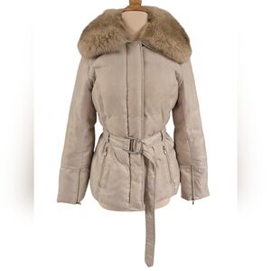 Laundry by Shelli Segal Cream & Fox Fur Lined Belted Goose Down Puffer Jacket S